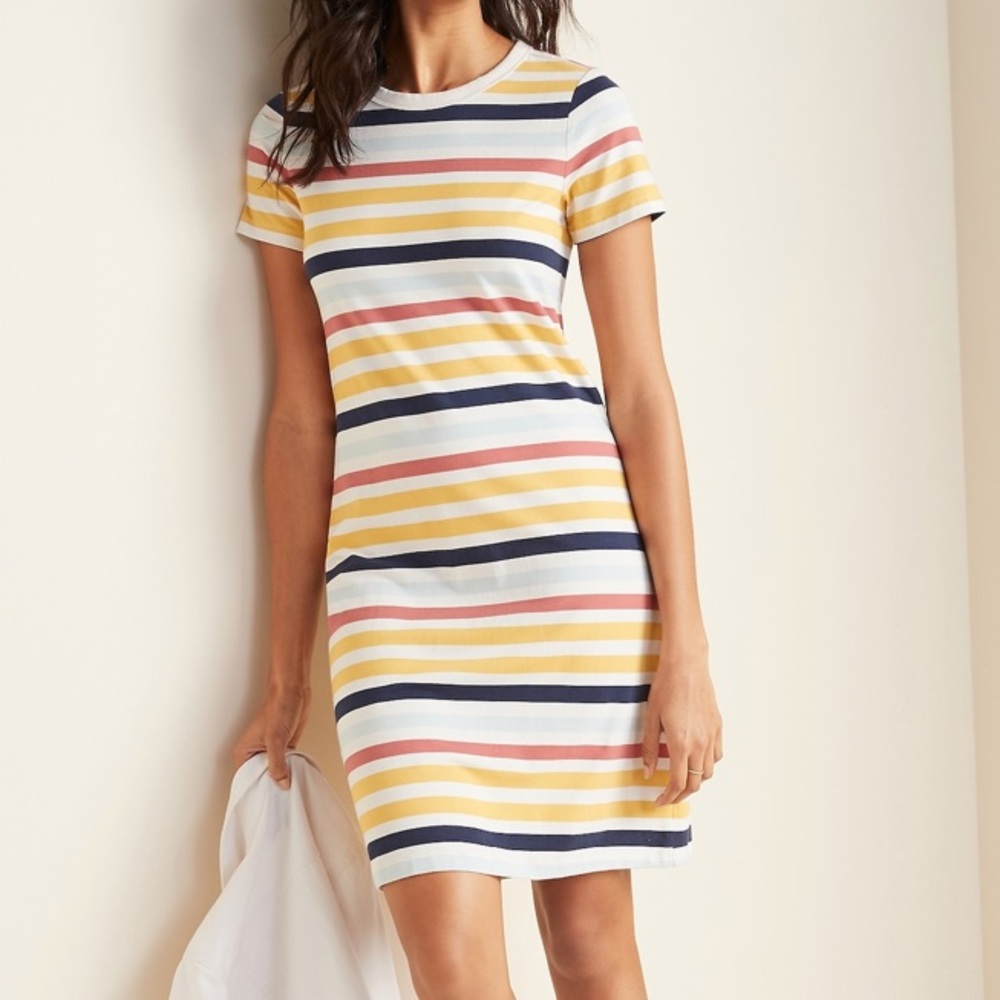 Fitted Crew Neck Tee Dress, Multi-Stripe